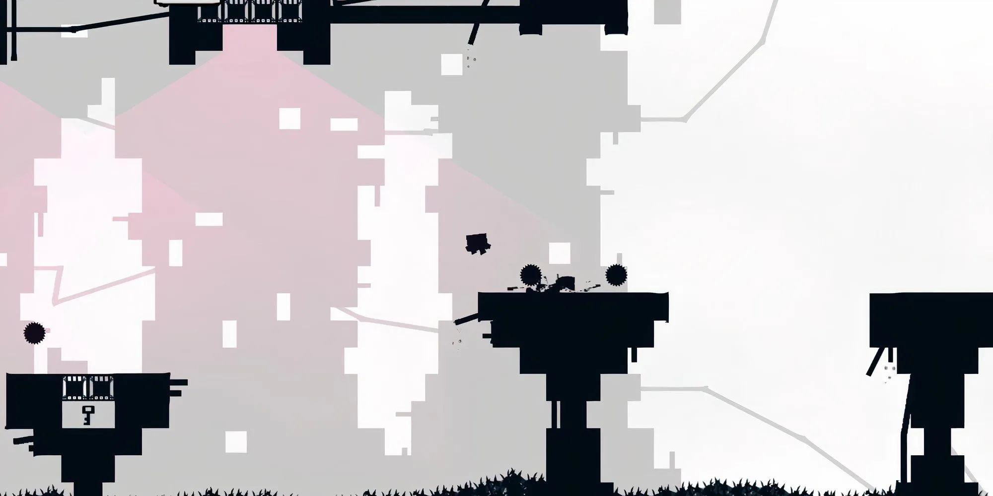 Nhân vật Super Meat Boy đứng gần hai bánh răng cơ khí trên cao trong một màn chơi đầy thử thách