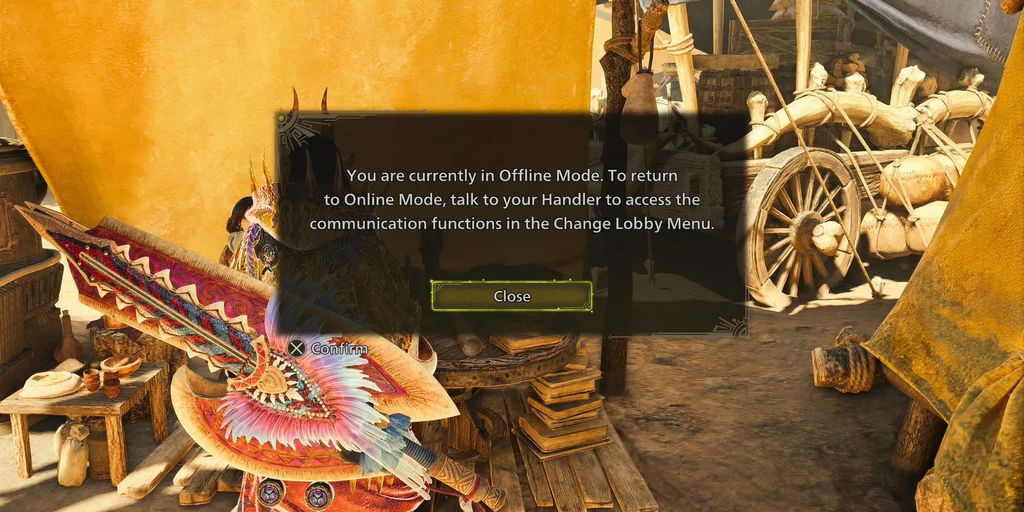 Nhân vật thợ săn trong Monster Hunter Wilds tại khu cắm trại, nơi có thể chuyển sang chơi đơn trực tuyến