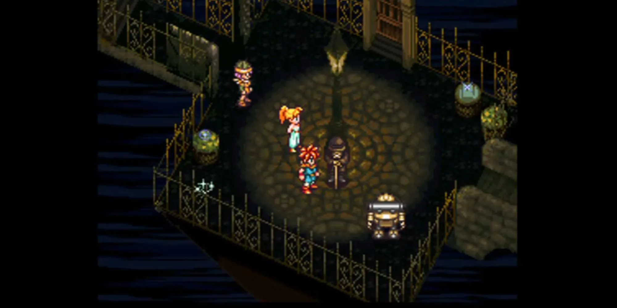 Nhóm nhân vật Chrono Trigger tại End of Time, một giao điểm không gian thời gian quan trọng