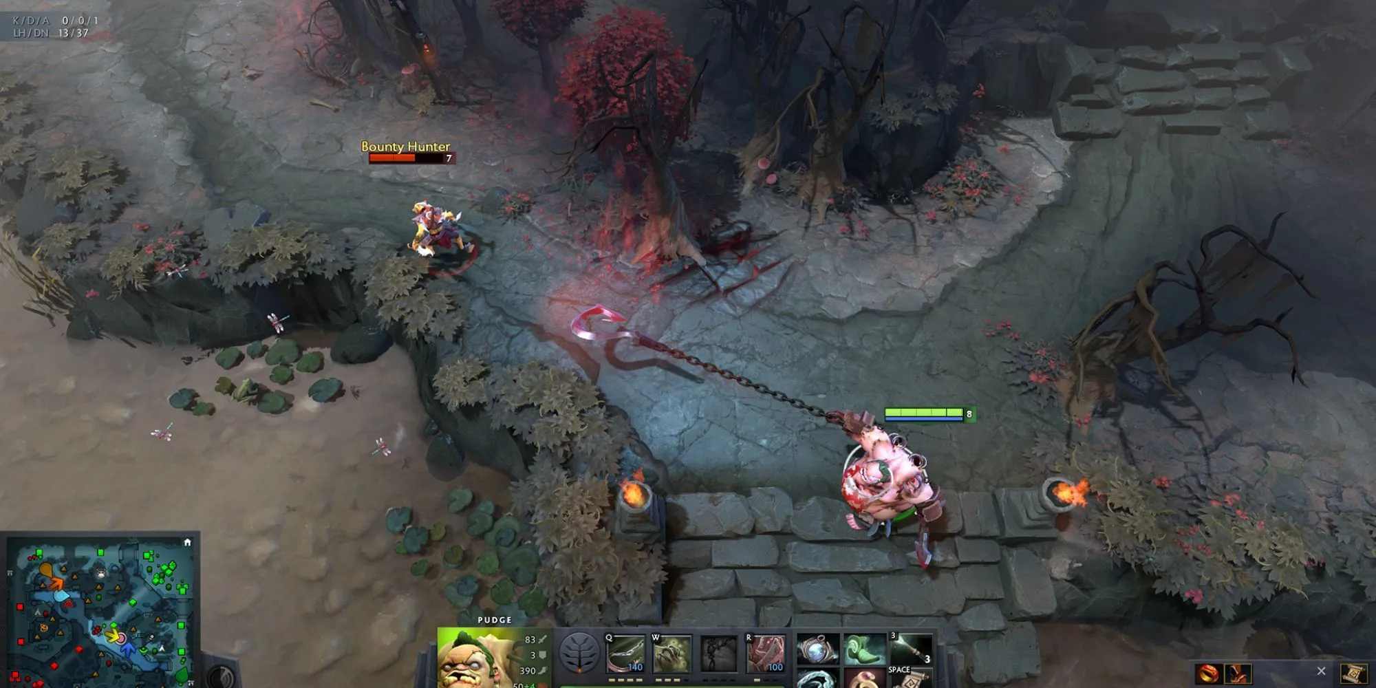 Pha giao tranh giữa Pudge và Bounty Hunter trong game Dota 2 đầy kịch tính