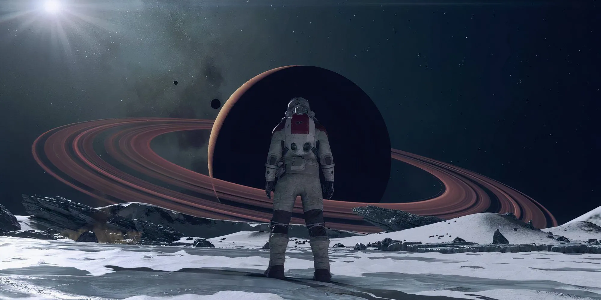Phi hành gia Starfield đứng trước Sao Thổ, thể hiện quy mô và tham vọng của game nhập vai vũ trụ.