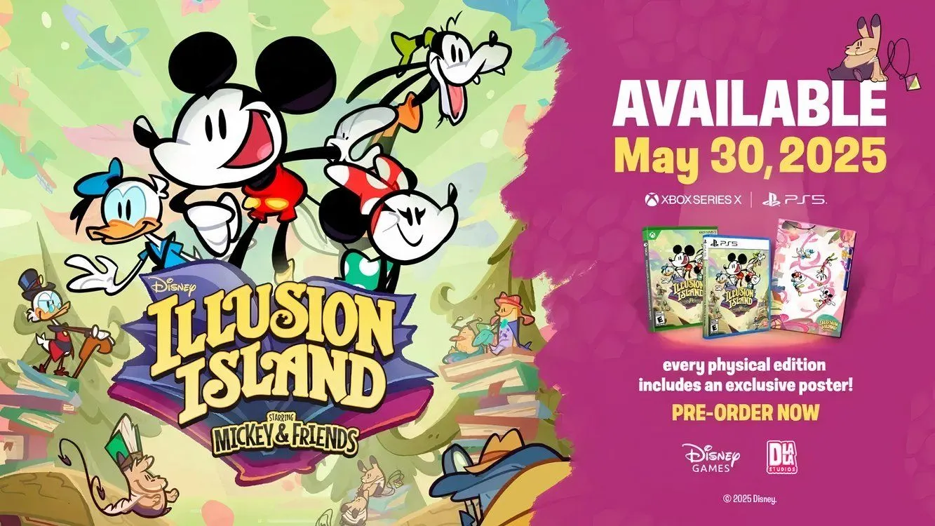 Poster chính thức của Disney Illusion Island Starring Mickey & Friends với các nhân vật chính đang phiêu lưu
