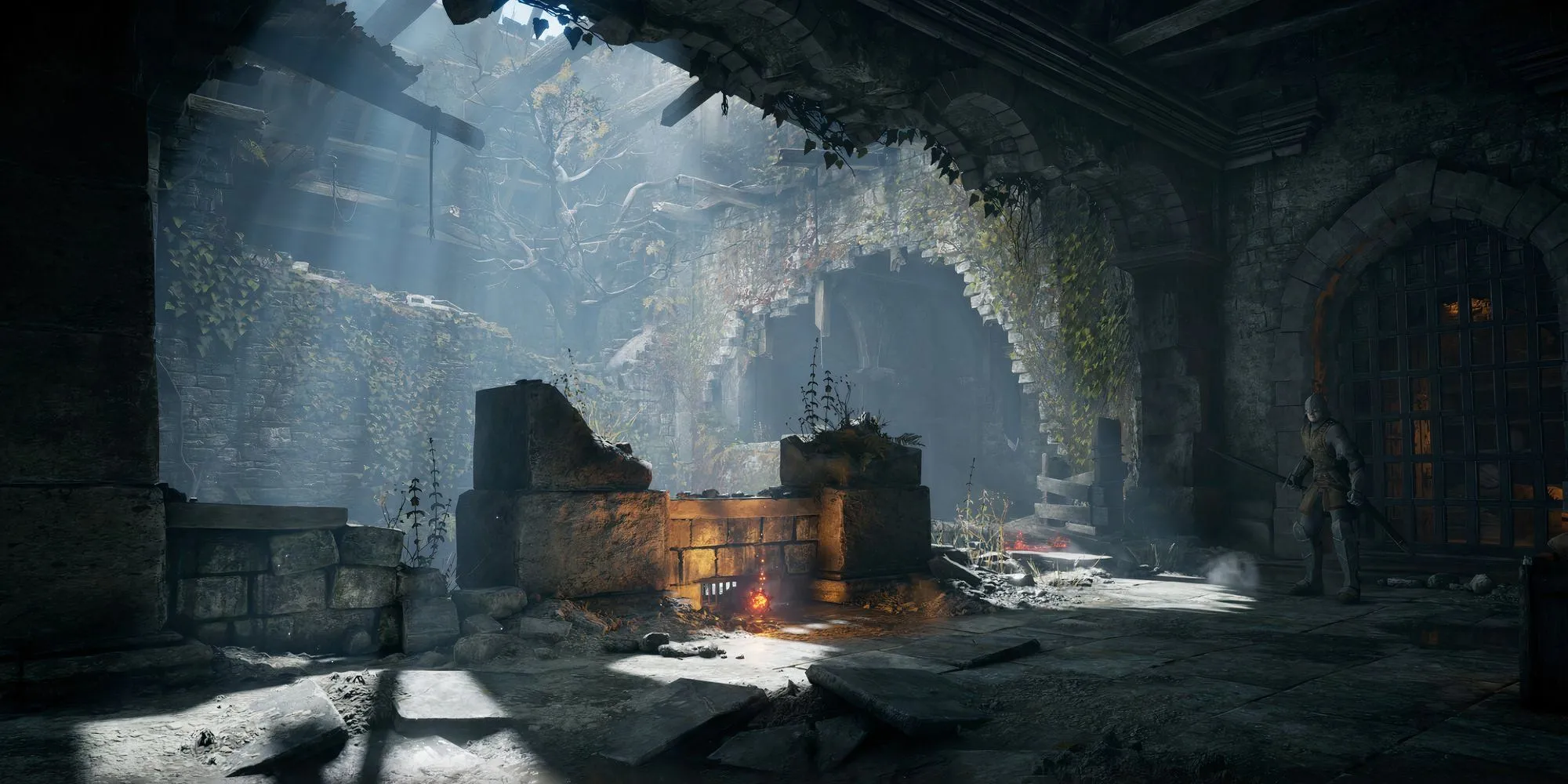 Quang cảnh Forlorn Outpost trong Demon's Souls Remake với những tàn tích cổ kính và thảm thực vật xanh tươi