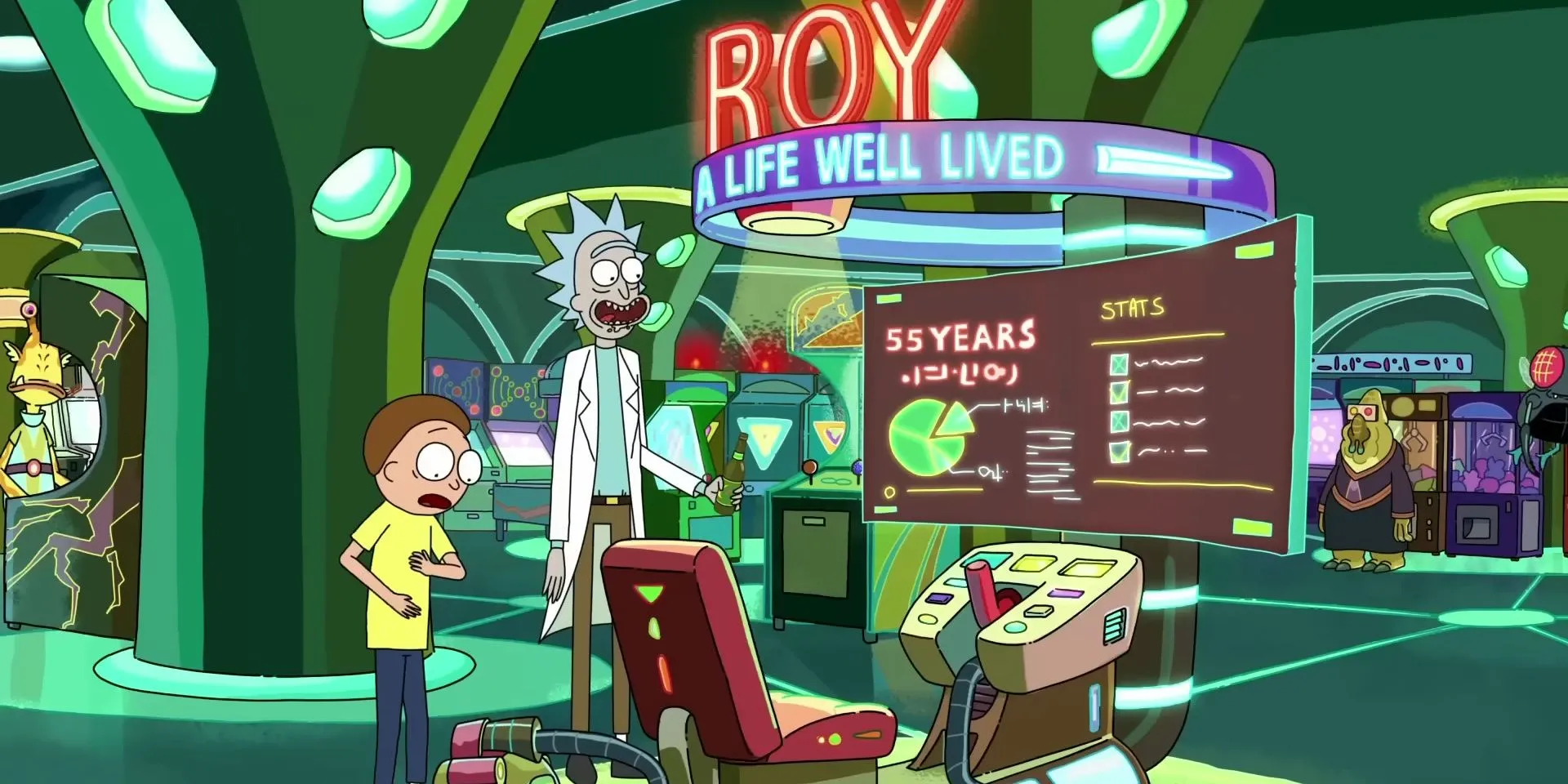 Rick và Morty đứng trước máy game arcade Roy trong Rick and Morty