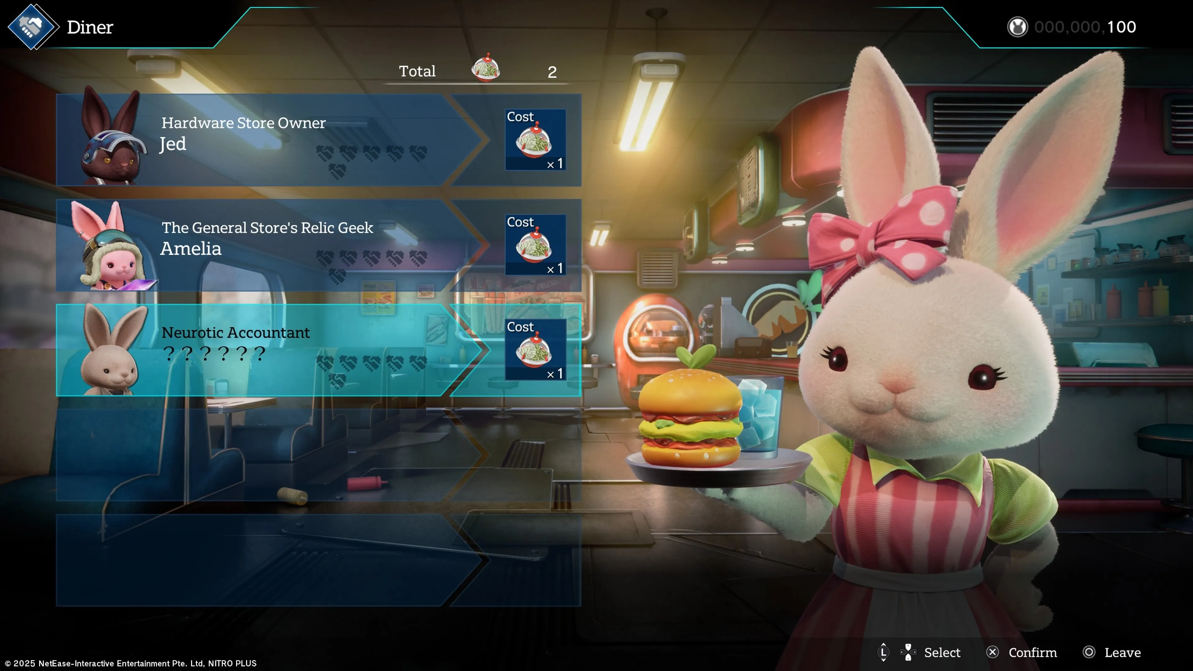 Rusty tại một quán ăn trong game Rusty Rabbit, tương tác với các nhân vật NPC thỏ khác