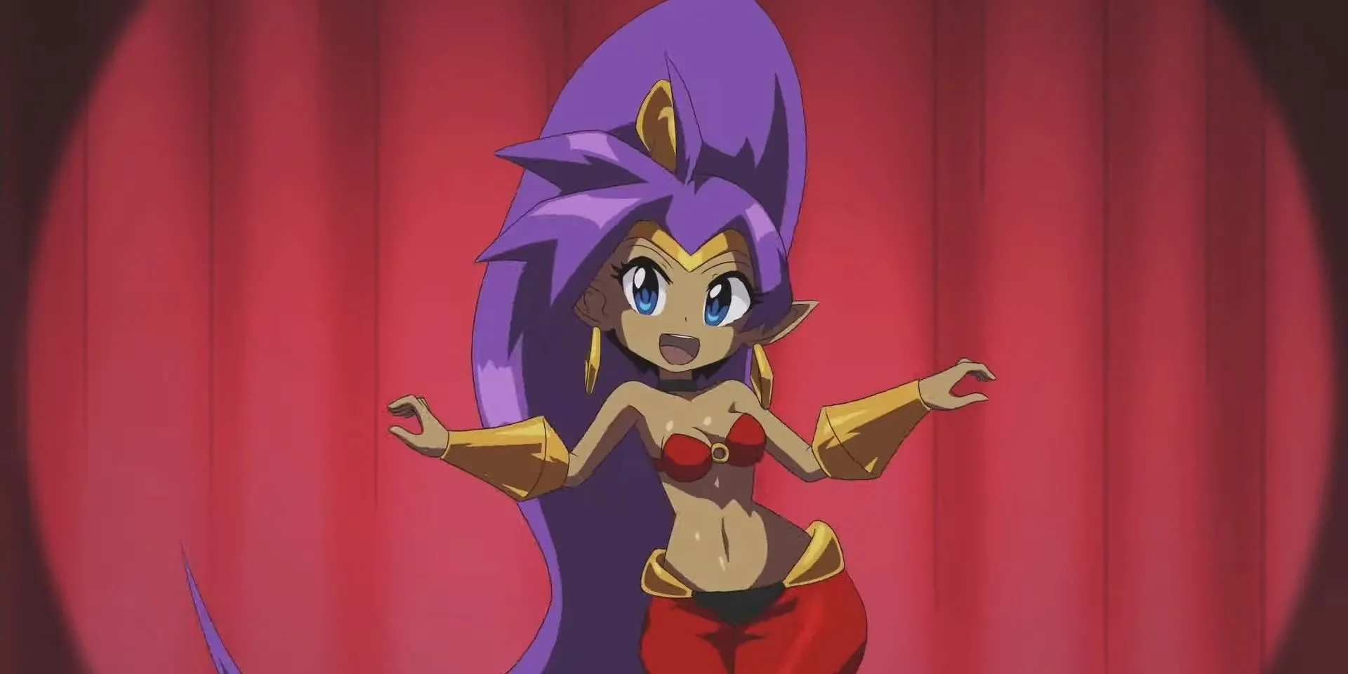 Shantae đang nhảy múa trên sân khấu trong Shantae and the Seven Sirens, thể hiện khả năng đặc biệt.