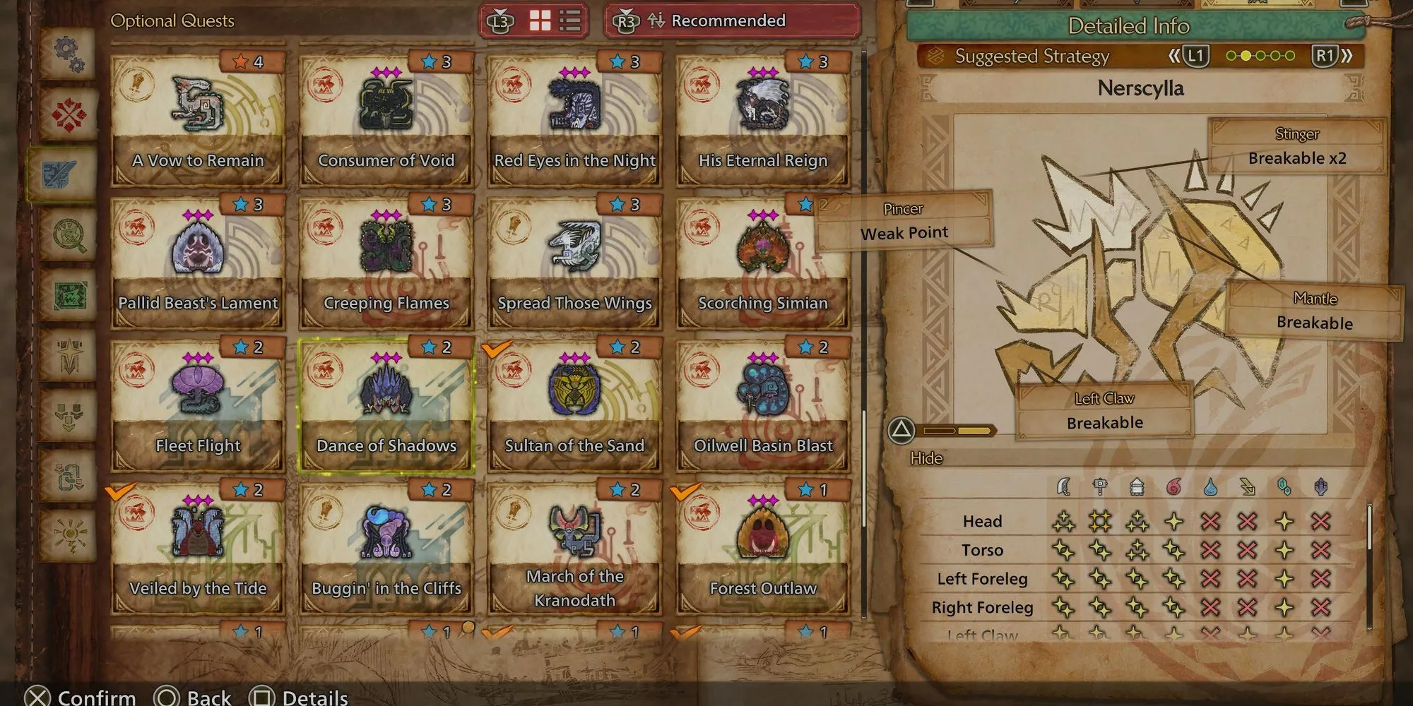 Sơ đồ chi tiết điểm yếu của Nerscylla trong Monster Hunter Wilds, bao gồm kháng nguyên tố và loại sát thương.