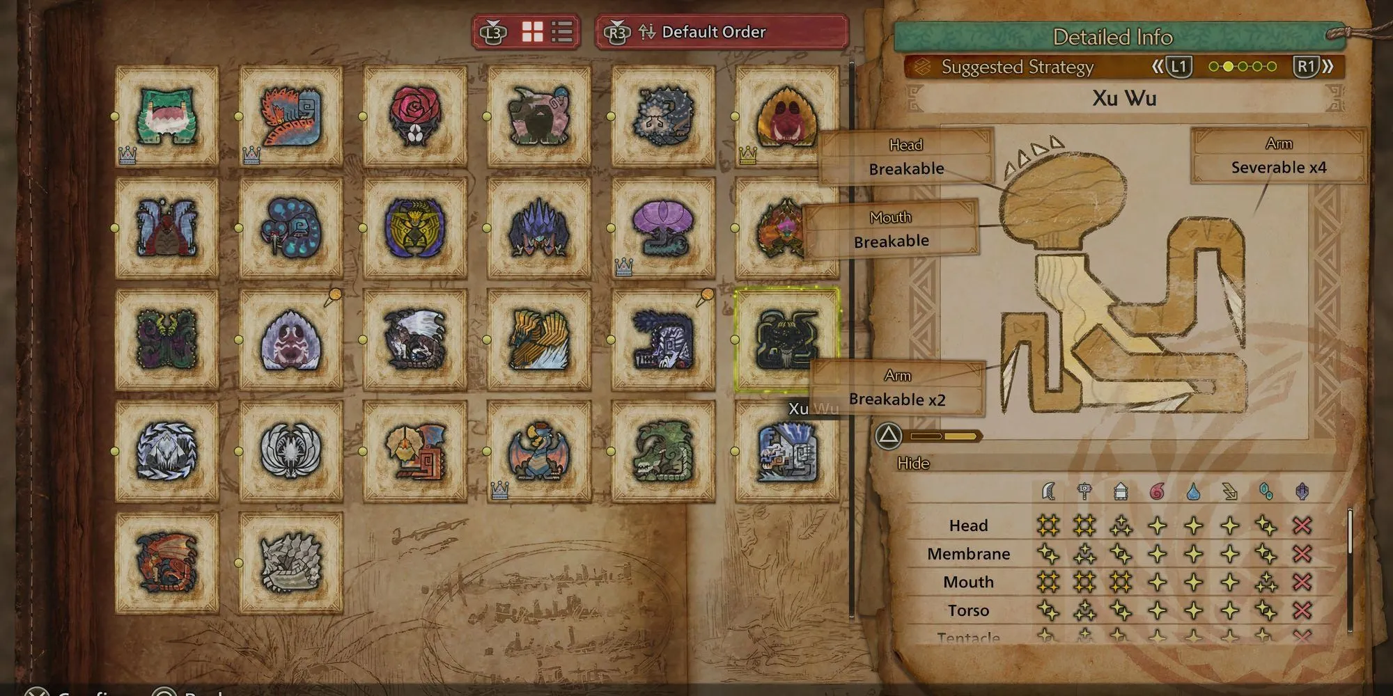 Sơ đồ phân tích các điểm yếu chí mạng của quái vật Xu Wu trong Monster Hunter Wilds
