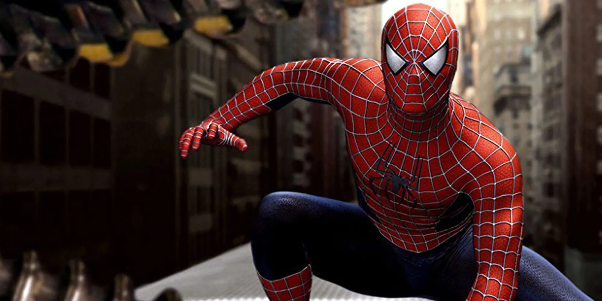 Spider-Man đu tơ qua các tòa nhà chọc trời của thành phố New York trong Spider-Man 2 (2004) trên PS2