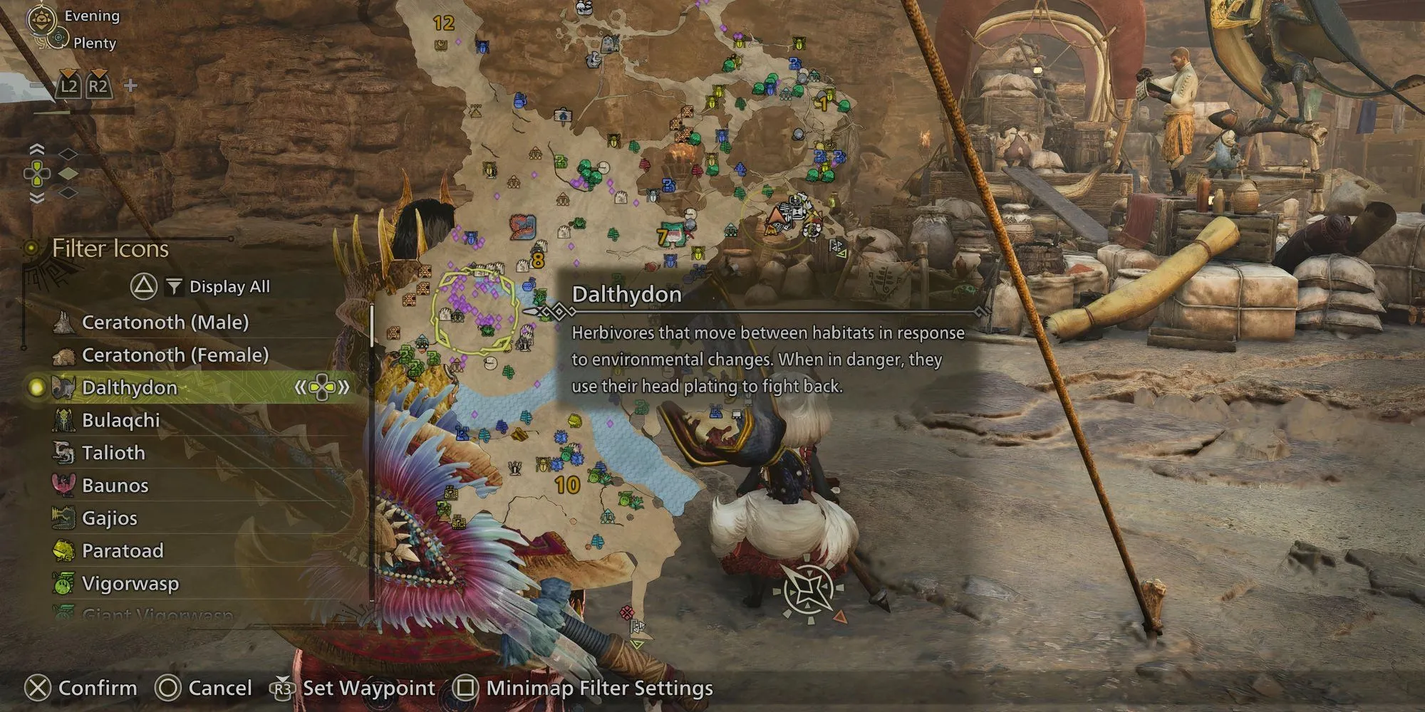Sử dụng bộ lọc biểu tượng trên bản đồ Monster Hunter Wilds để tìm nguyên liệu