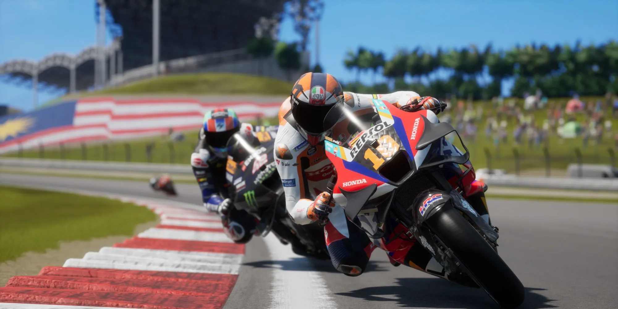 Tay đua Joan Mir của đội Repsol Honda trong game MotoGP 25, minh họa cho đồ họa chi tiết của tay đua và bộ đồ.