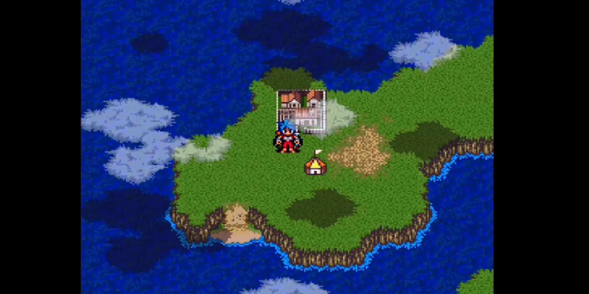 Thế giới rộng lớn trong Breath of Fire II với nhân vật chính Ryu cưỡi rồng