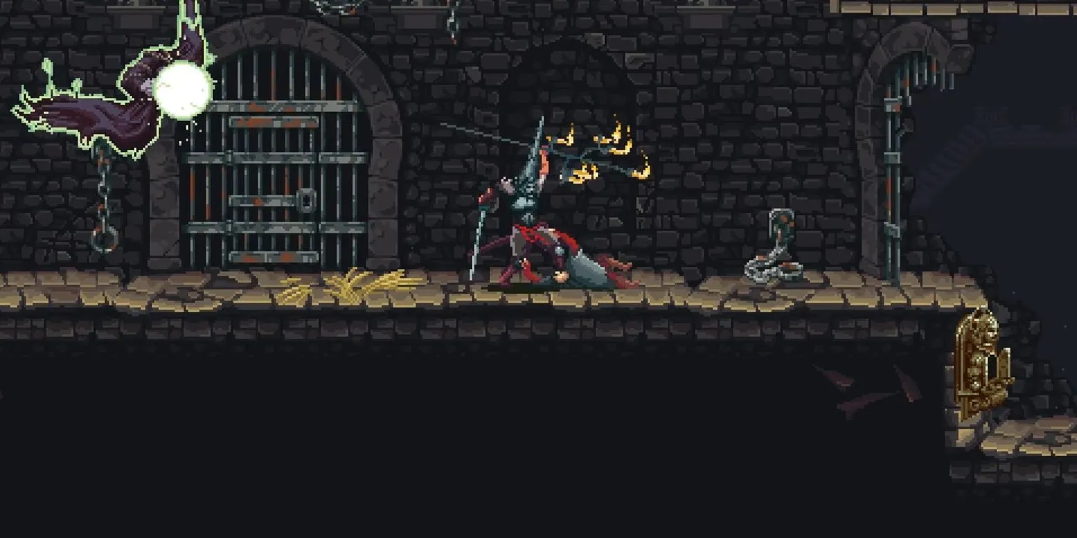The Penitent One thực hiện đòn kết liễu một kẻ thù trong Blasphemous