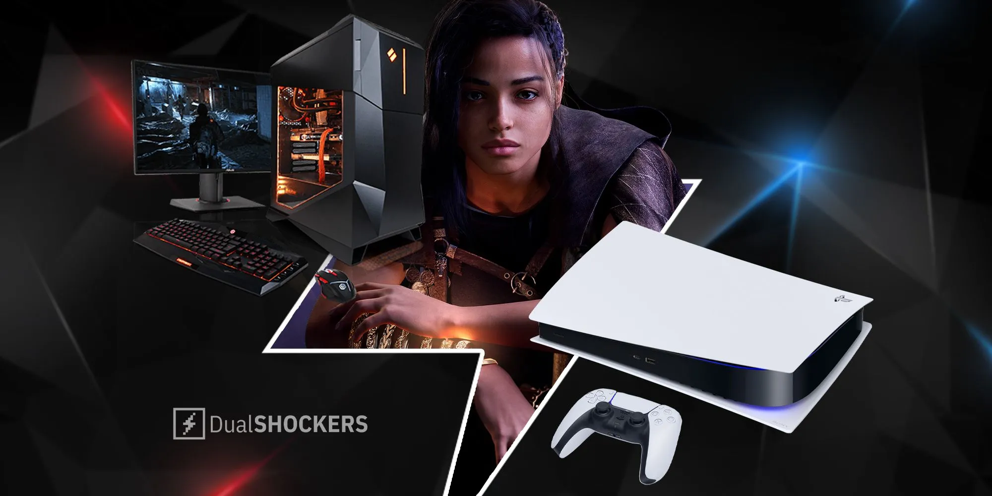 Cuộc Chiến Console Đã Hết Thời? Góc Nhìn Từ Shawn Layden 1 Thiết lập PC gaming mạnh mẽ bên cạnh nhân vật game Forspoken và máy PlayStation 5