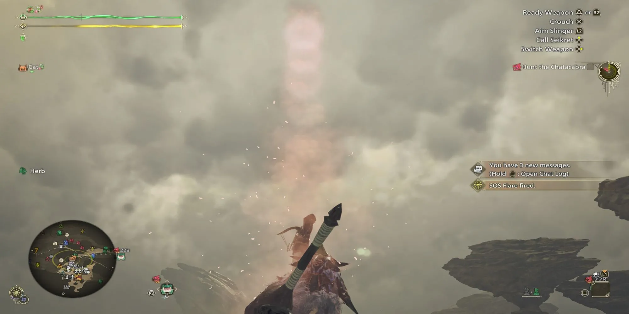 Thợ săn bắn pháo sáng SOS cầu cứu trong Monster Hunter Wilds