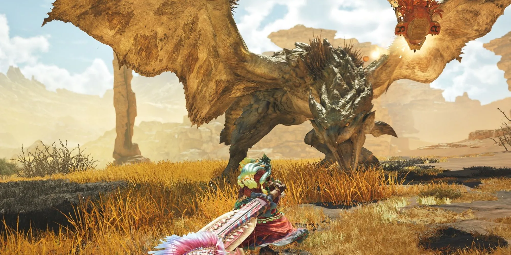 Thợ săn đang chiến đấu với quái vật Rathian bằng thanh đại kiếm trong Monster Hunter Wilds
