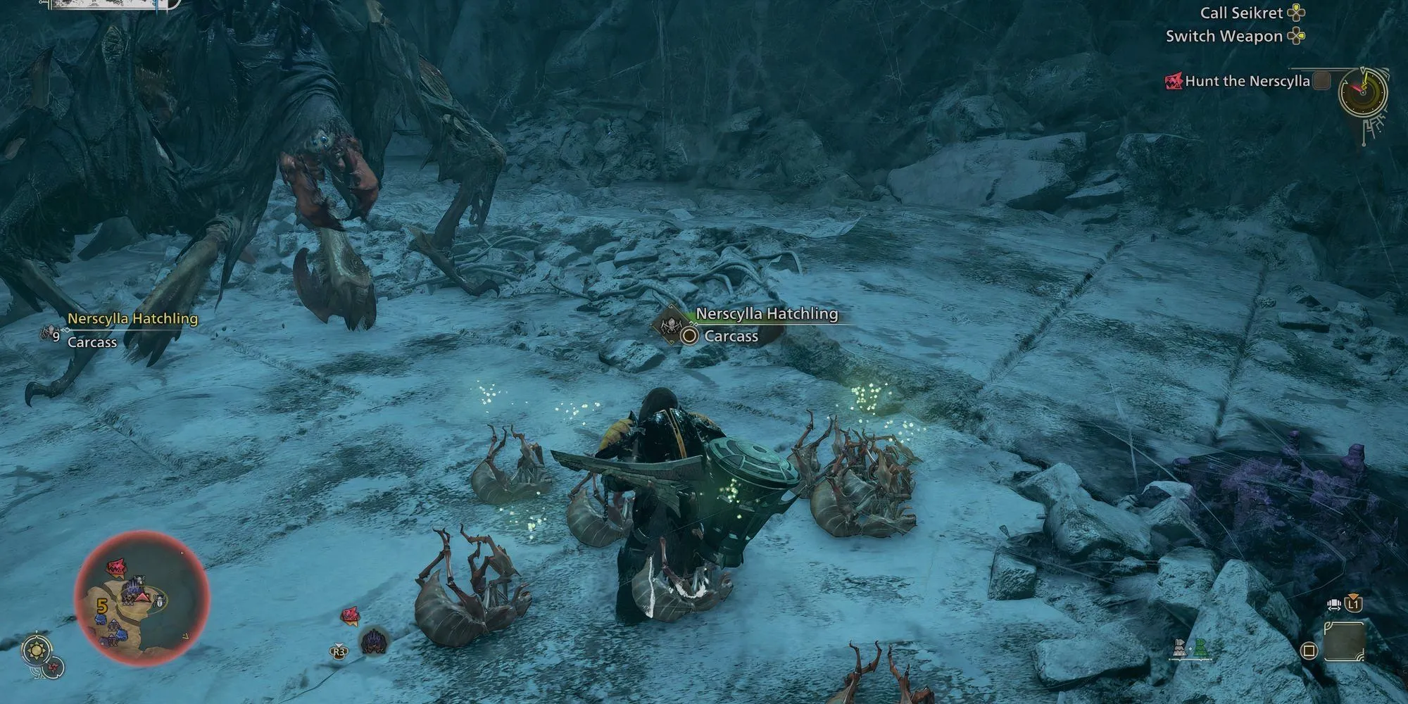 Monster Fluid MH Wilds: Cách Farm & Nuôi Kinsect Hiệu Quả 1 Thợ săn đang thu thập Monster Fluid từ nhện con Nerscylla trong Monster Hunter Wilds