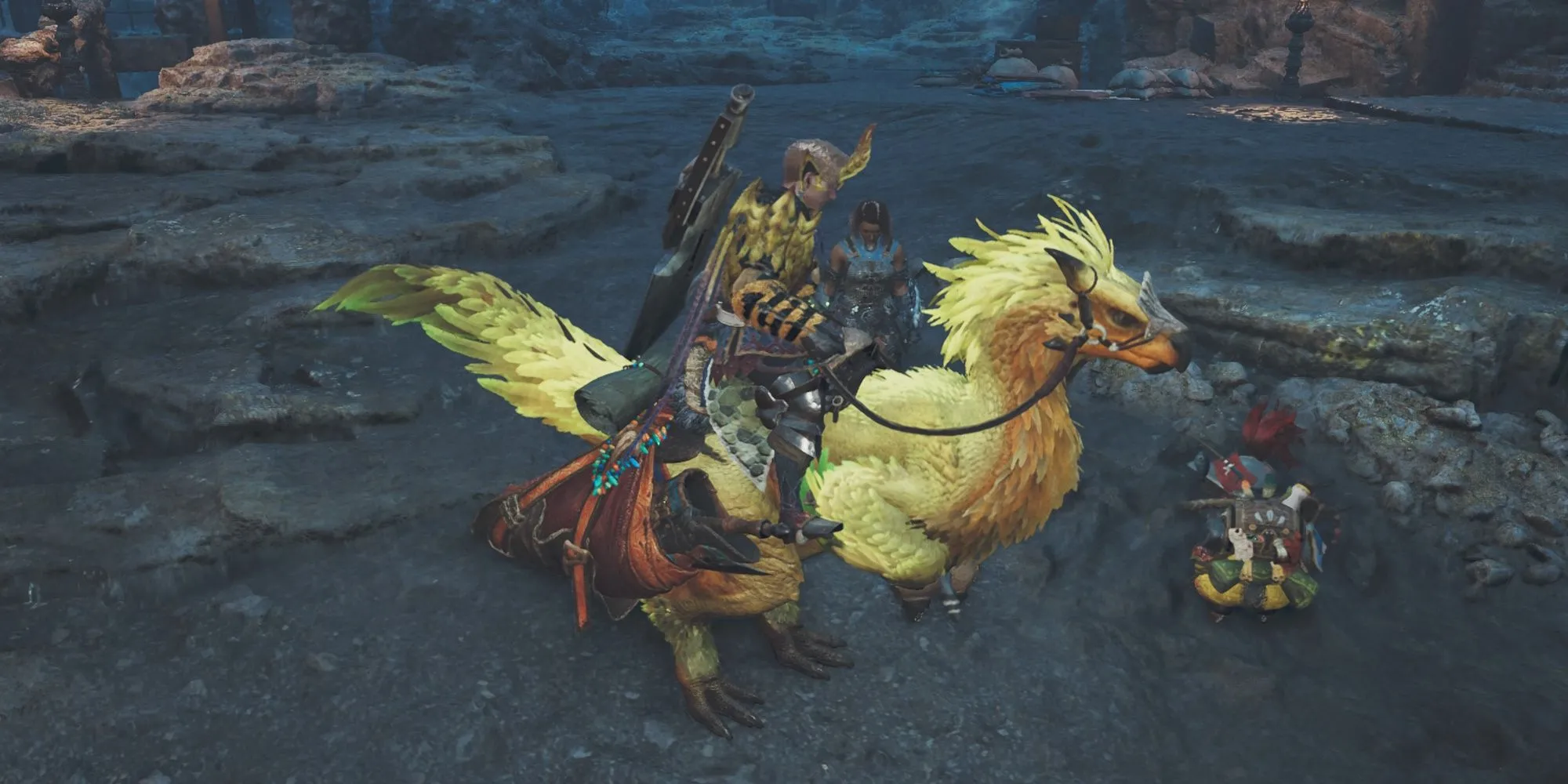 10 Mẹo Monster Hunter Wilds Giúp Tân Thủ Dễ Thở Hơn 1 Thợ săn Monster Hunter Wilds cưỡi Seikret mang theo vũ khí phụ đi săn