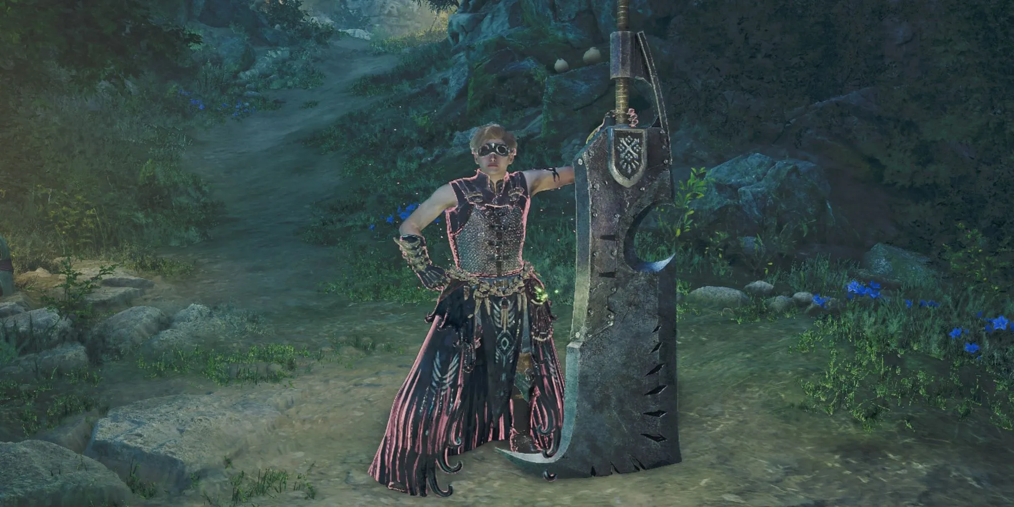 Thợ săn Monster Hunter Wilds đứng vững chãi với Greatsword trên vai, sẵn sàng chiến đấu