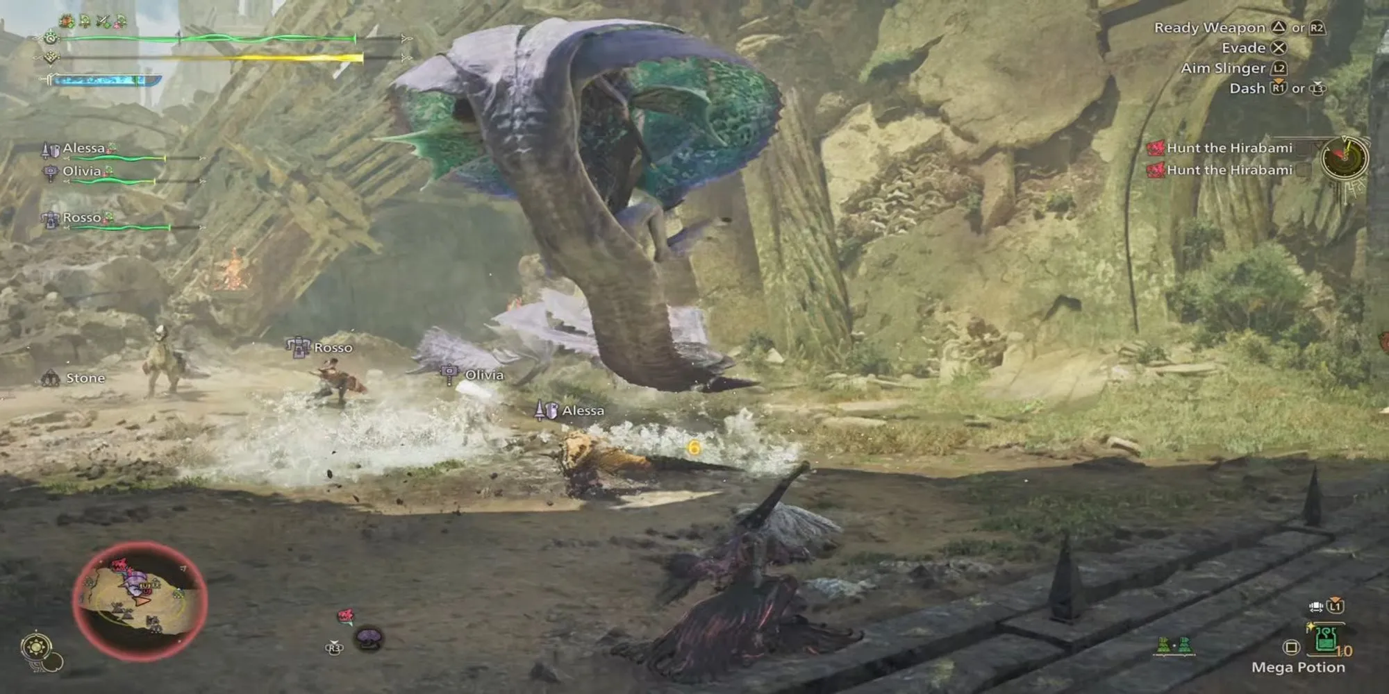 Thợ săn phối hợp cùng đồng đội AI trong một trận chiến Monster Hunter Wilds.
