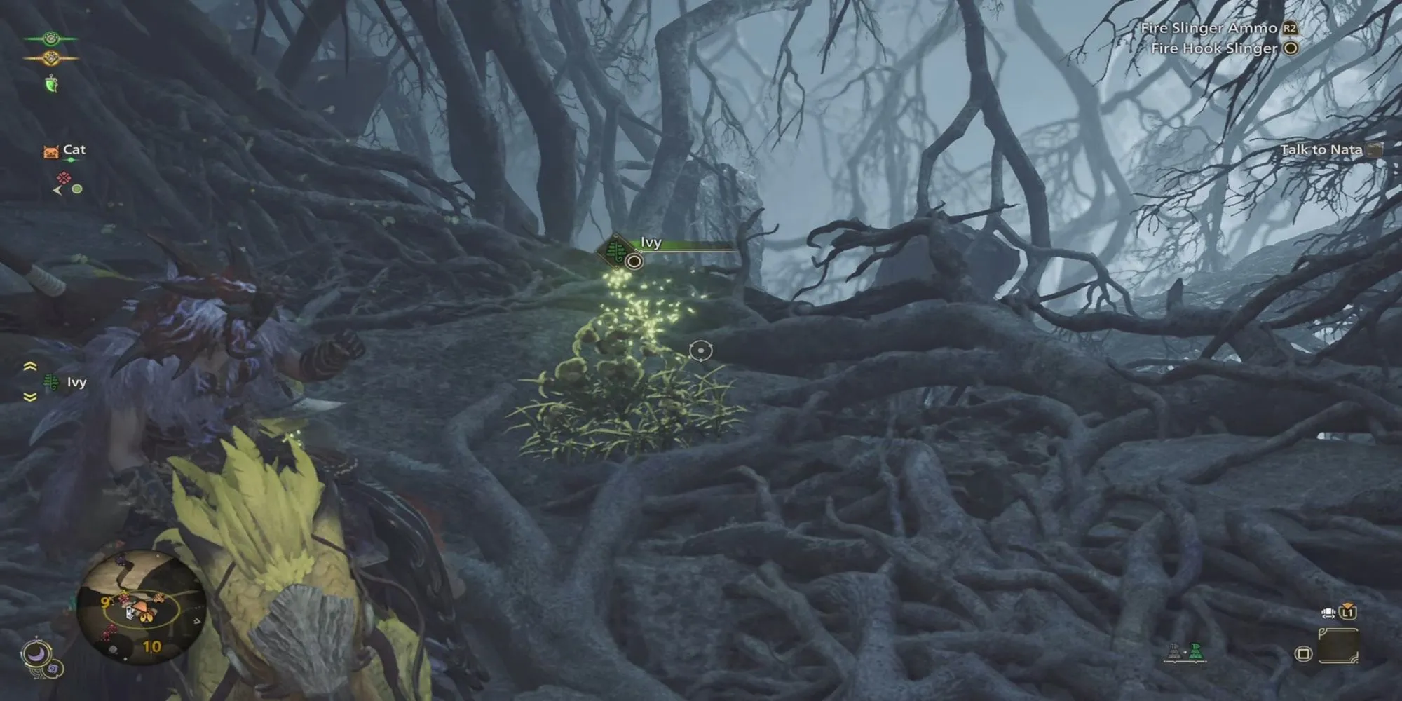 Thợ săn sử dụng móc câu từ yên cưỡi Seikret để thu thập vật phẩm trong Monster Hunter Wilds