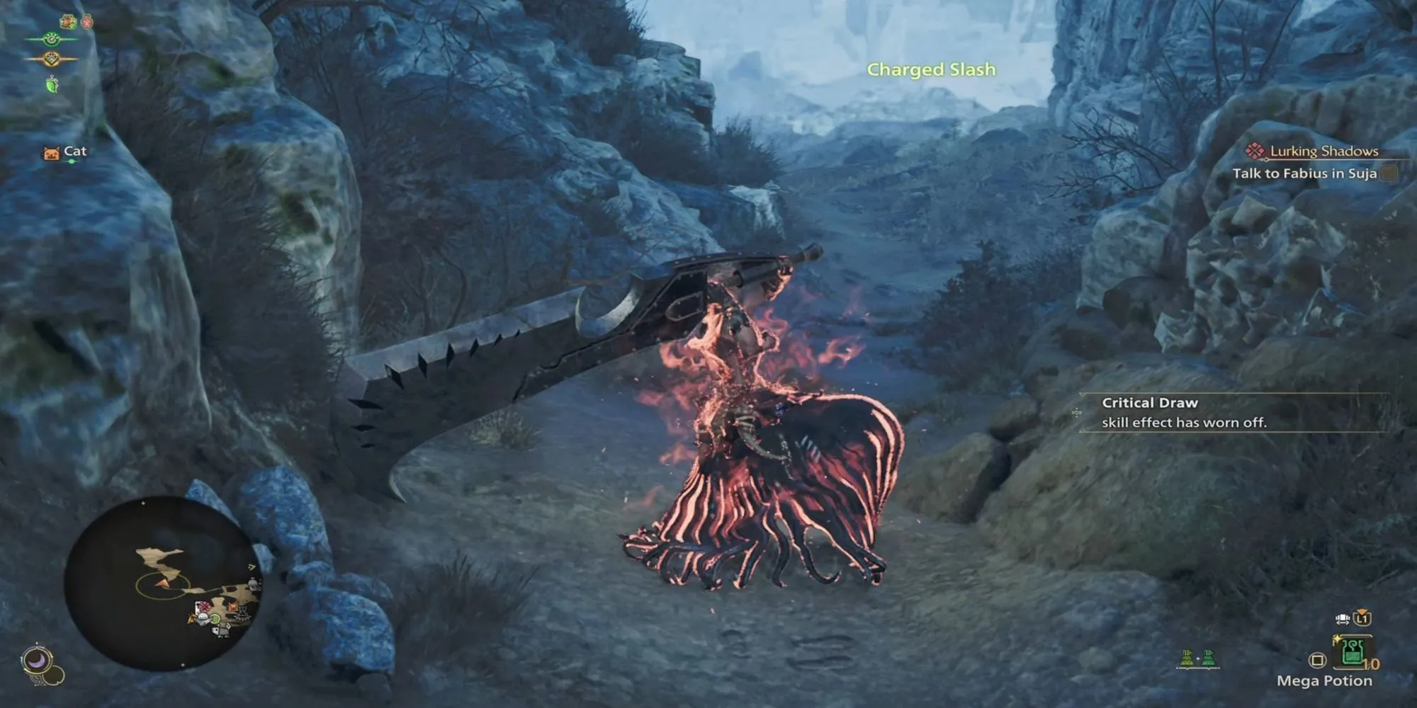 Thợ săn thực hiện đòn Charge Slash mạnh mẽ bằng Greatsword trong Monster Hunter Wilds
