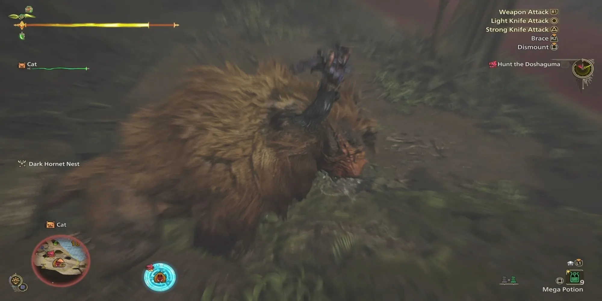 Thợ săn thực hiện đòn tấn công khi đang cưỡi trên lưng quái vật trong Monster Hunter Wilds.