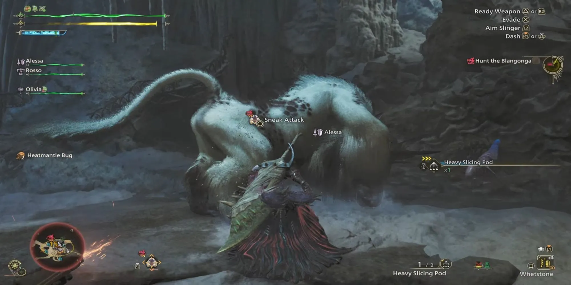 Thợ săn thực hiện đòn tấn công lén từ phía sau quái vật trong Monster Hunter Wilds.