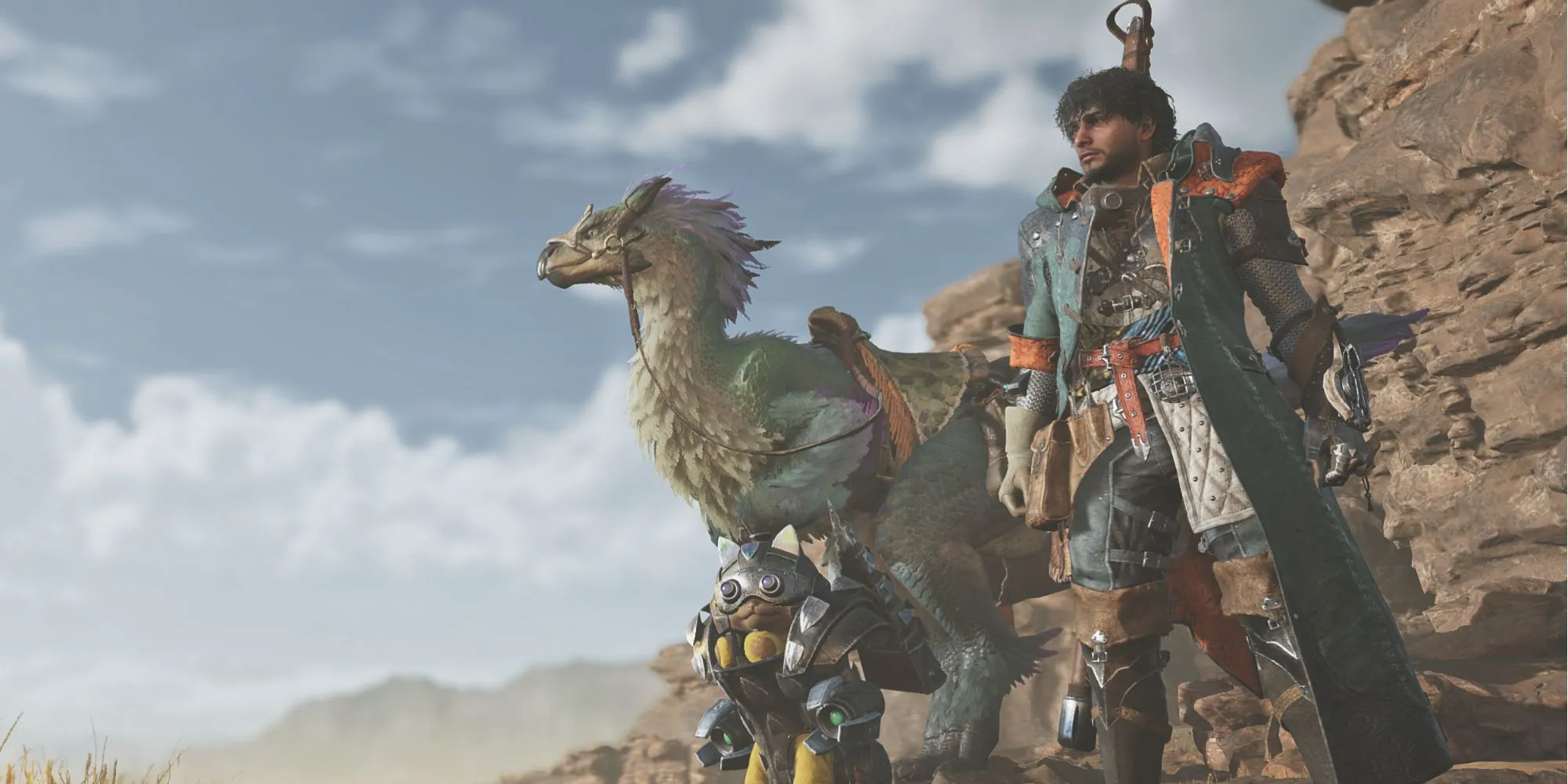 Thợ săn và Palico trong Monster Hunter Wilds với bộ trang bị tùy chỉnh