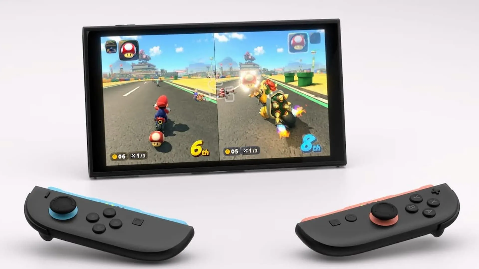 Trải nghiệm Mario Kart World trên Nintendo Switch 2 với tay cầm Joy-Con kép.