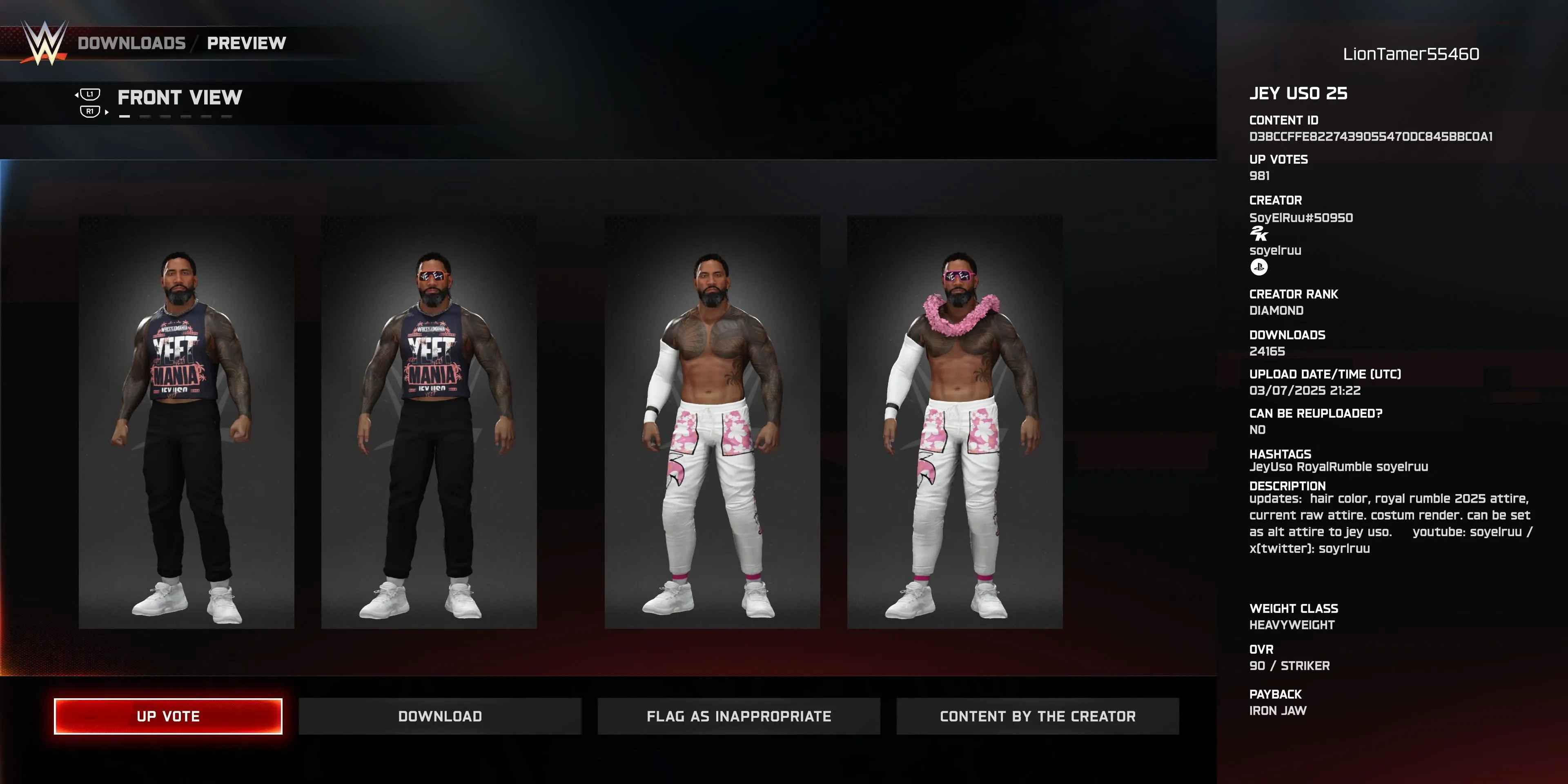 Trang phục Jey Uso 2025 và bộ thay thế YeetMania trong WWE 2K25