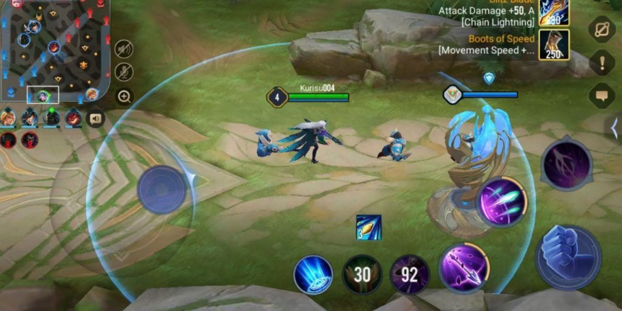 Tướng Arena of Valor đang di chuyển và sử dụng kỹ năng với vòng tròn hiển thị tầm ảnh hưởng