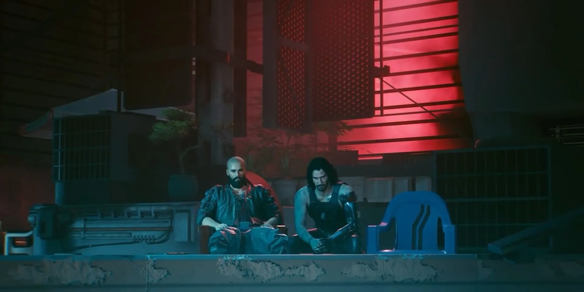 V và Johnny Silverhand đứng trên tầng thượng nhìn xuống Night City trong Cyberpunk 2077 trước quyết định cuối cùng