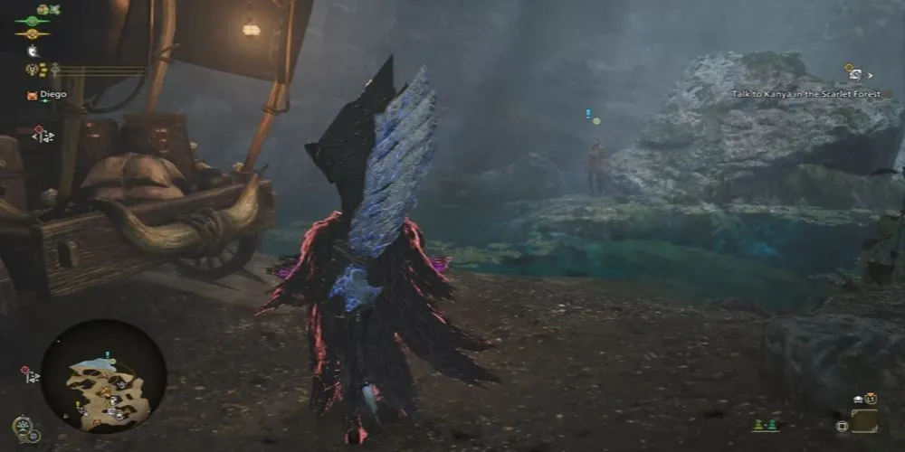 Vị trí bắt đầu nhiệm vụ săn Mizutsune tại Rừng Scarlet trong Monster Hunter Wilds