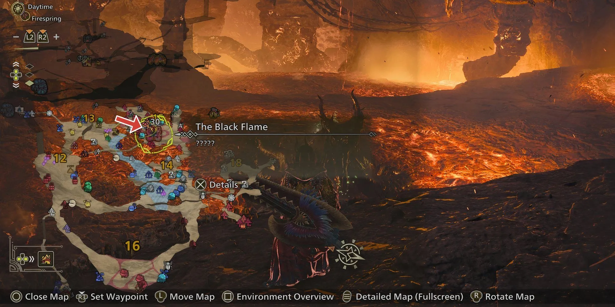 Cách Tìm và Đánh Bại The Black Flame (Nu Udra) Trong Monster Hunter Wilds 1 Vị trí của The Black Flame hay Nu Udra trong Monster Hunter Wilds tại Oilwell Basin Zone 15