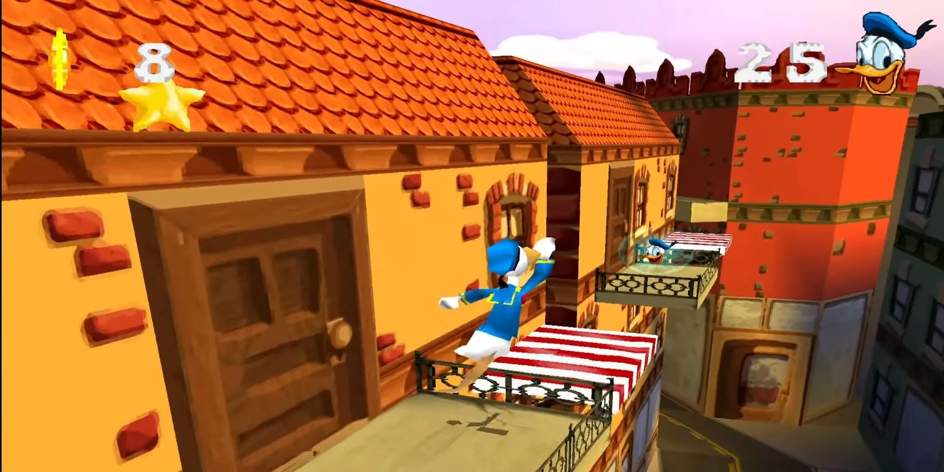 Vịt Donald nhảy qua các mái nhà trong game Donald Duck Goin' Quackers