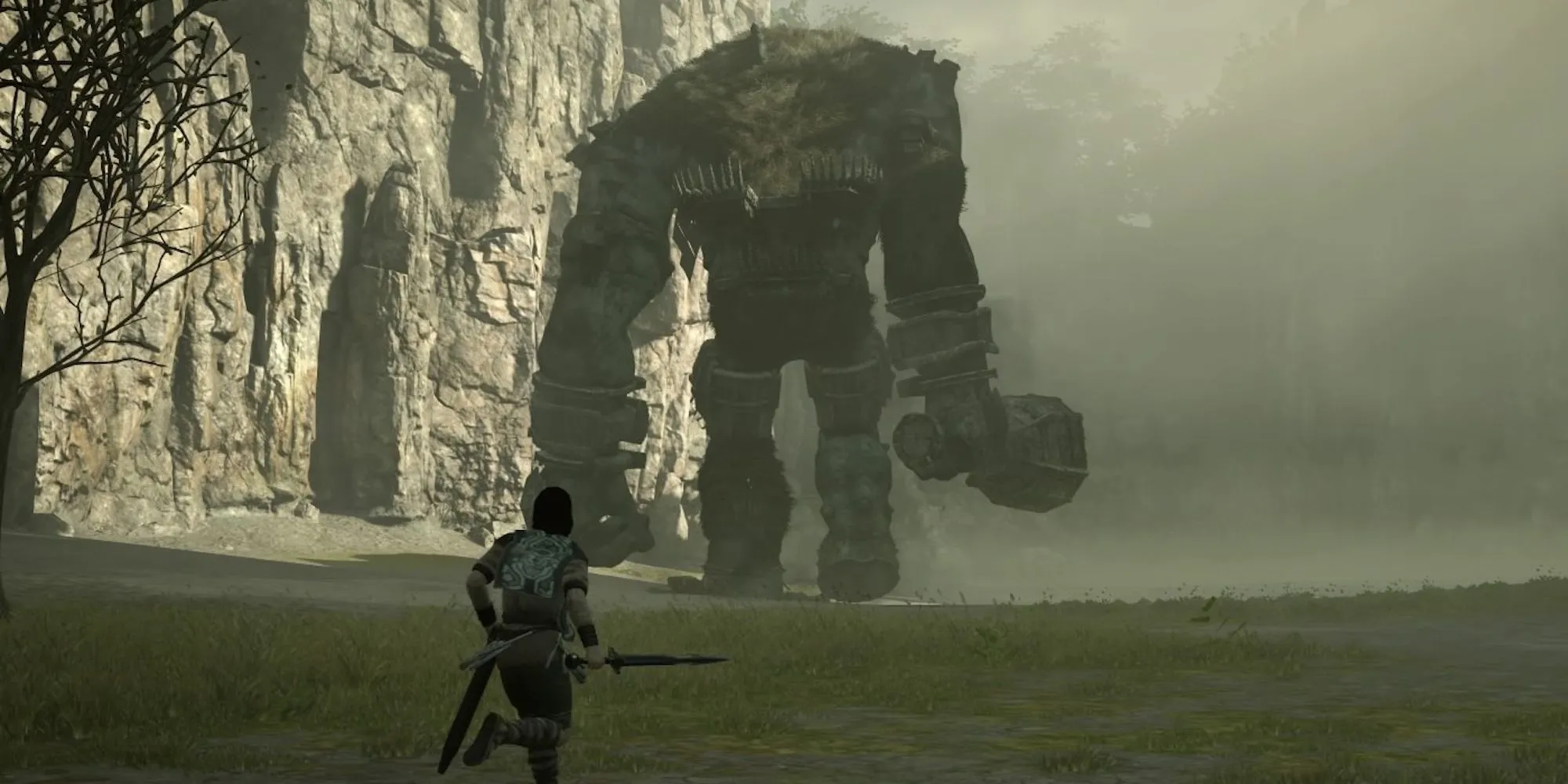 Wander cưỡi ngựa Agro đuổi theo một Colossus khổng lồ trong Shadow of the Colossus