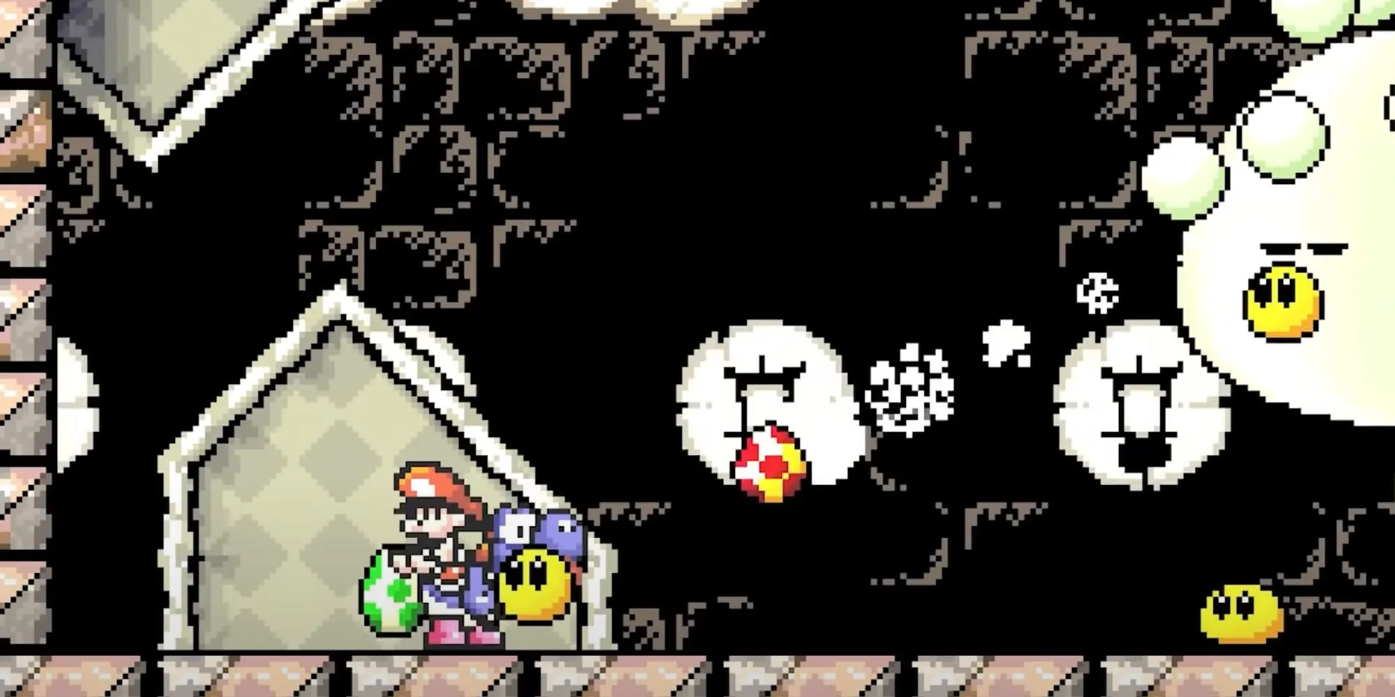 Yoshi chở Baby Mario chiến đấu với lũ Boo trong Super Mario World 2: Yoshi's Island.