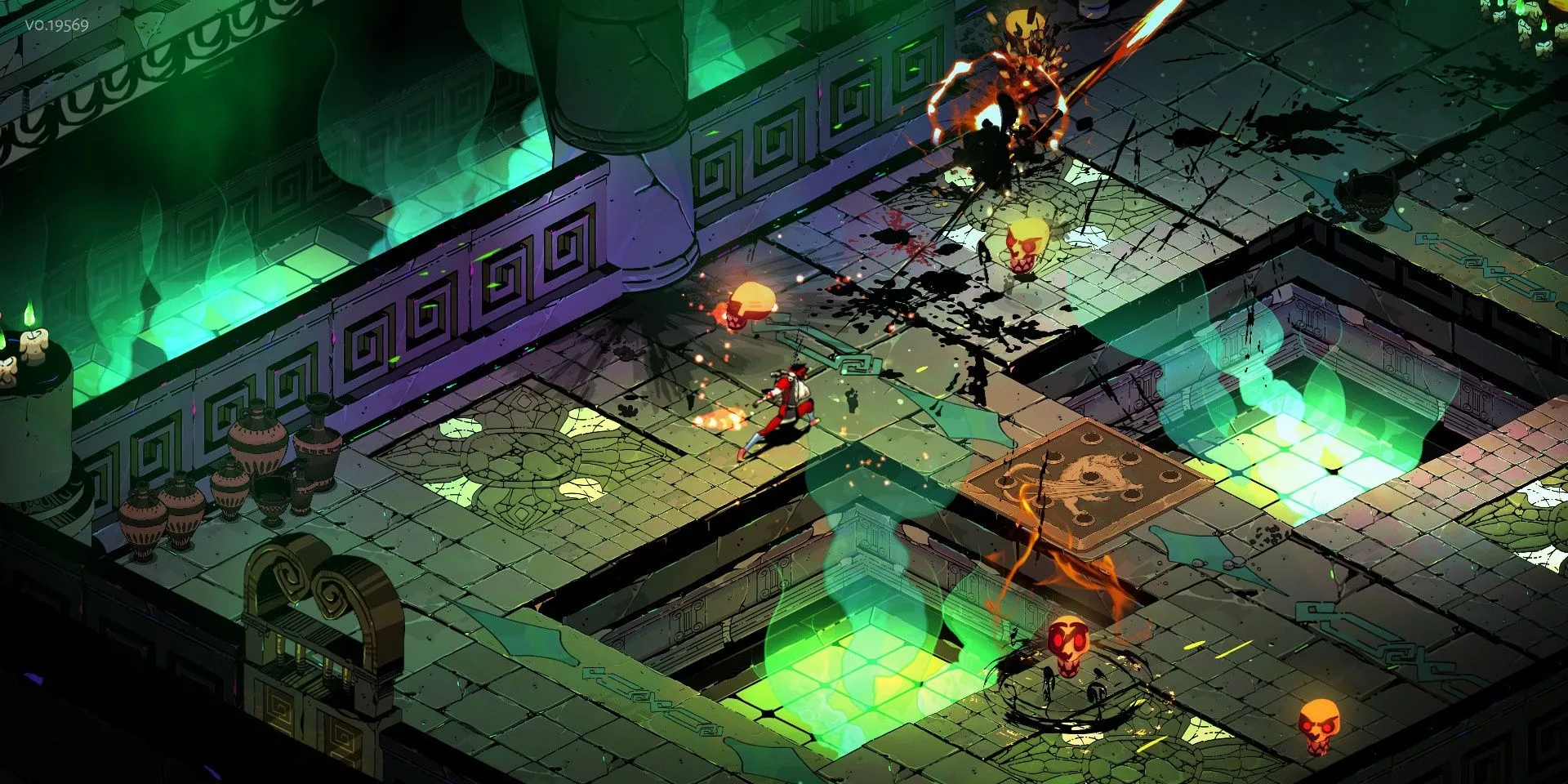 Zagreus, nhân vật chính của Hades, đang phóng ngọn giáo của mình trong một trận chiến nảy lửa