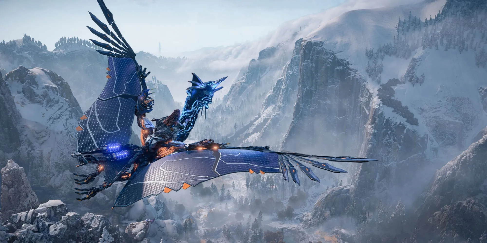 Aloy cưỡi phi hành thú ngắm cảnh trong Horizon Forbidden West