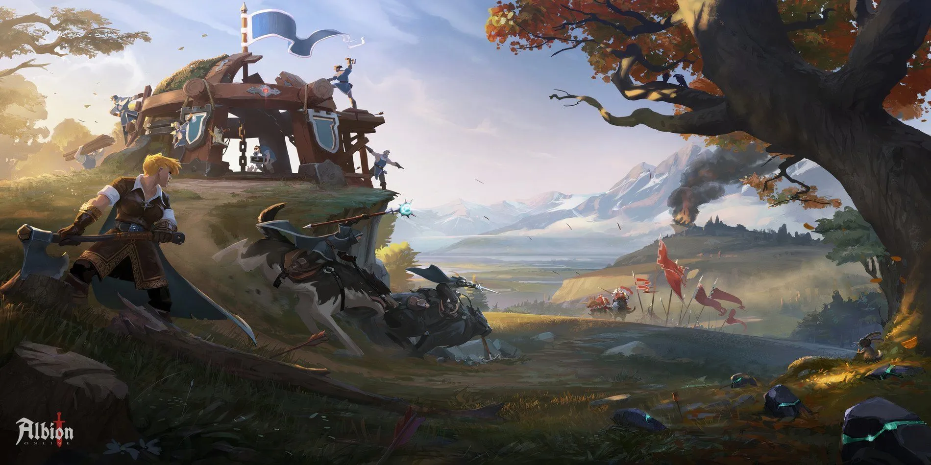 Ảnh artwork game Albion Online với hình ảnh các nhân vật cưỡi ngựa đối mặt kẻ thù, minh họa yếu tố chiến đấu và PvP