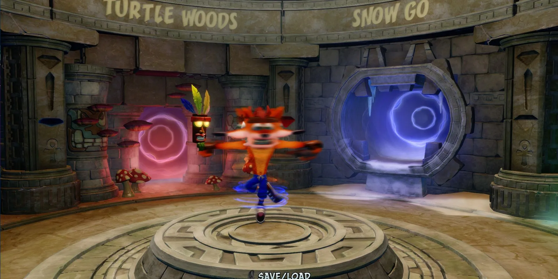 Ảnh chụp màn hình Crash Bandicoot 2 trong N. Sane Trilogy, Crash đang xoay tròn trong Warp Room