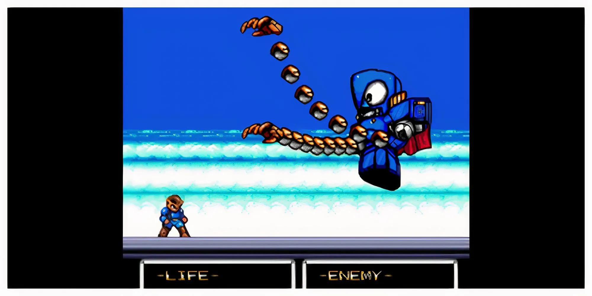 Ảnh chụp màn hình game Cyber Citizen Shockman 2, thể hiện đồ họa pixel retro của game đi cảnh trên nền hang động