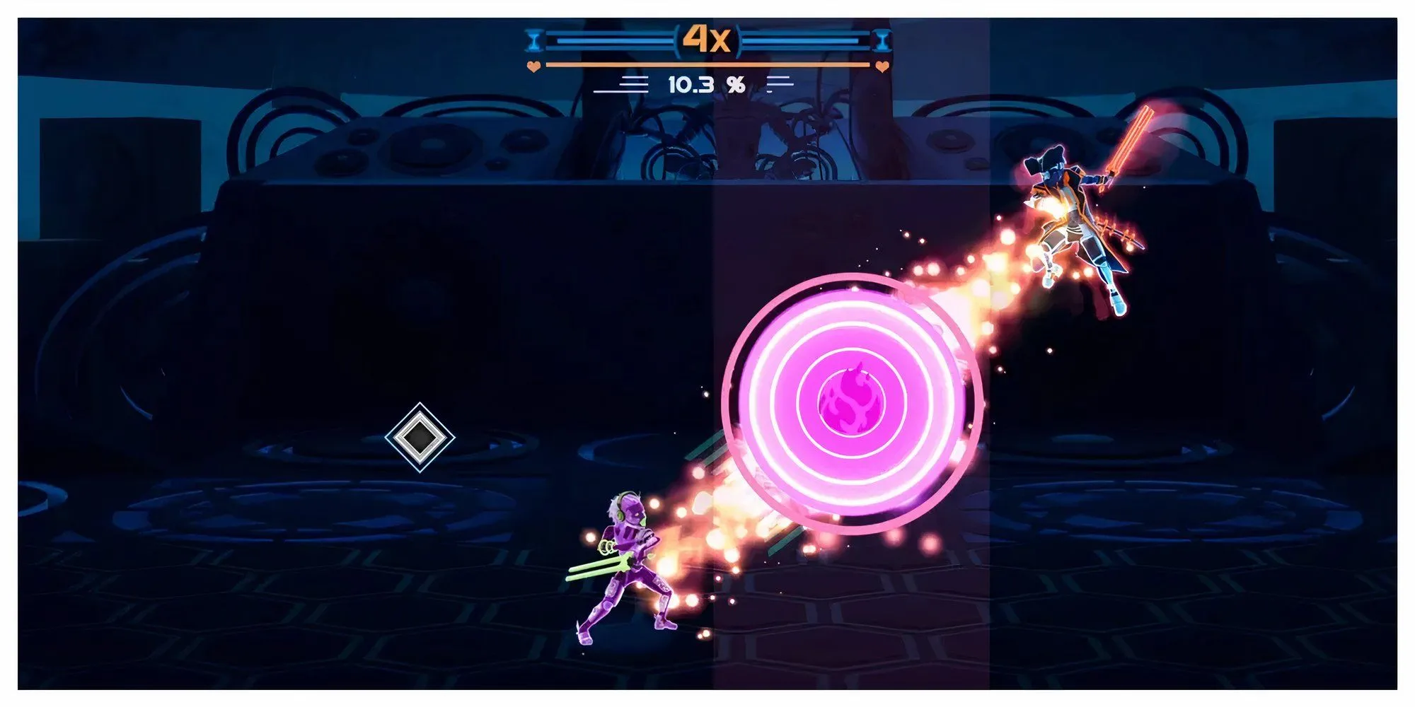 Ảnh chụp màn hình game Klang 2, mô tả nhân vật chính với hiệu ứng âm nhạc sôi động trong nền