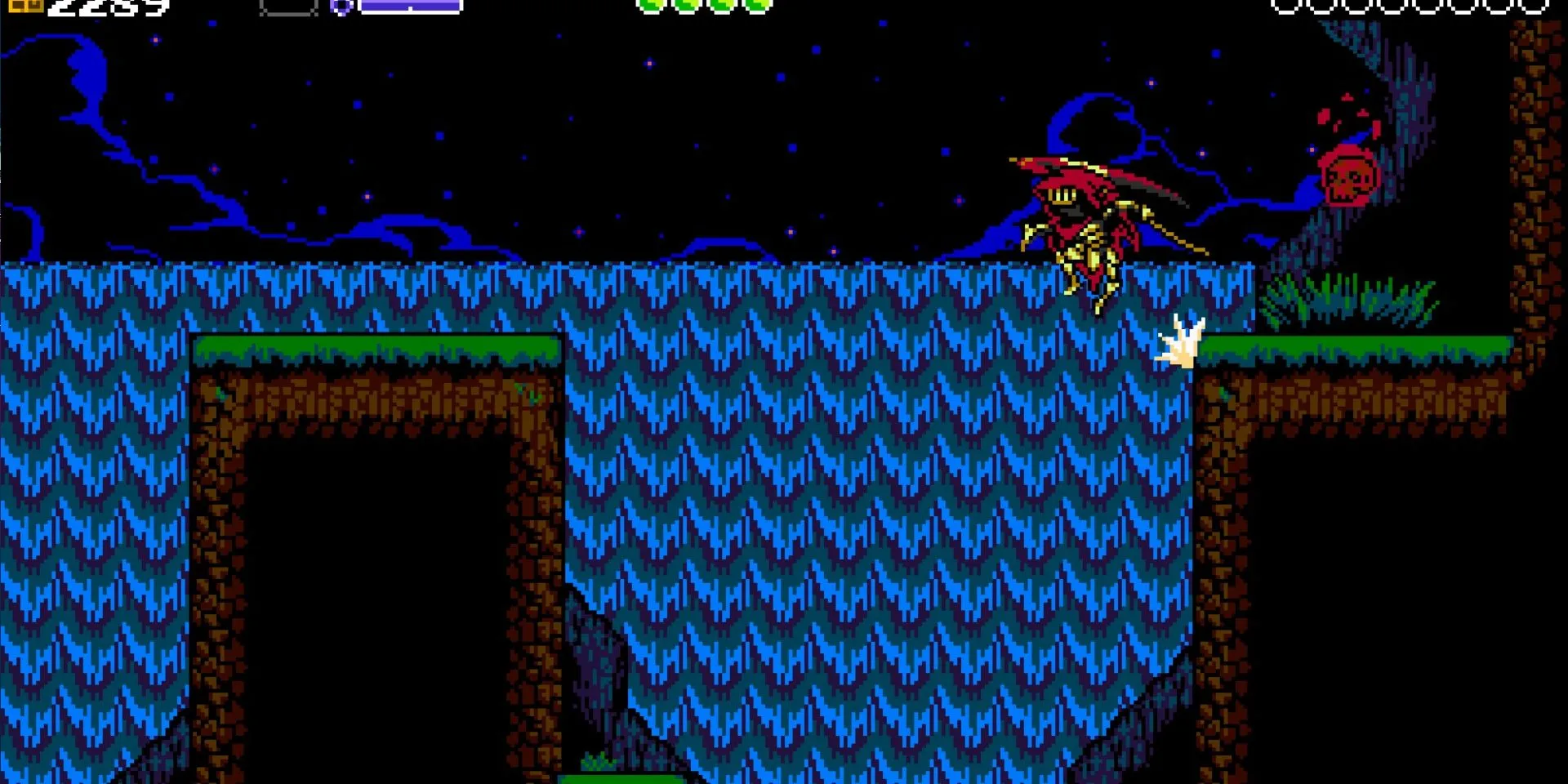 Ảnh chụp màn hình Shovel Knight: Specter of Torment, Specter Knight đang nhảy tường