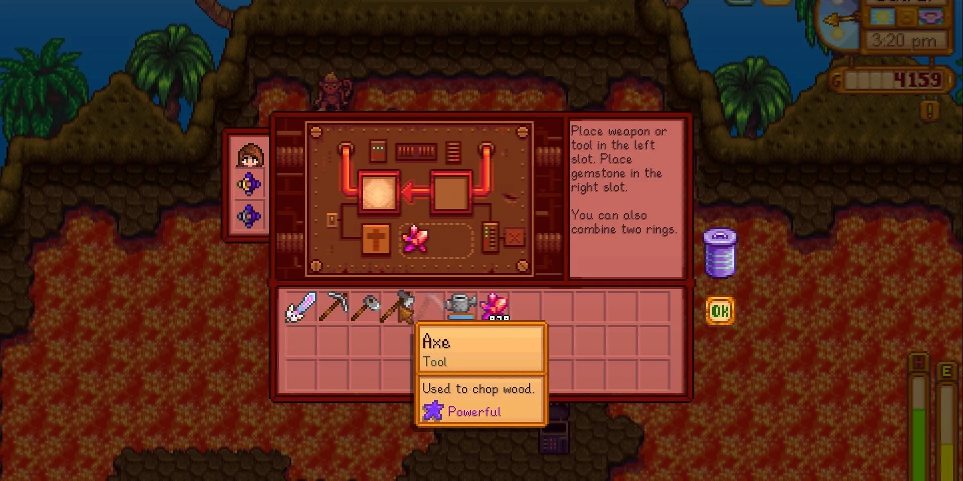 Ảnh chụp màn hình Stardew Valley với người chơi đang luyện một chiếc Rìu mạnh mẽ tại lò rèn.