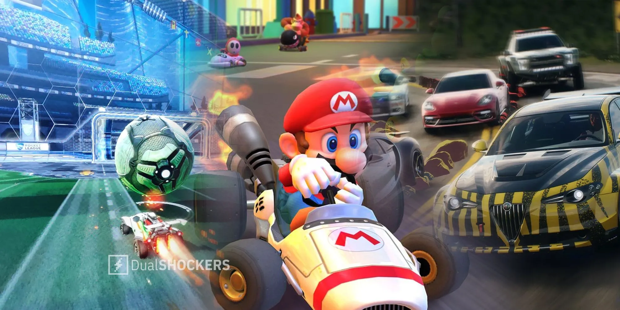 Ảnh ghép các game đua xe tương tự Gran Turismo như Rocket League, Mario Kart, Need for Speed Unbound, thể hiện sự đa dạng của thể loại đua xe so với AI chân thực của GT.