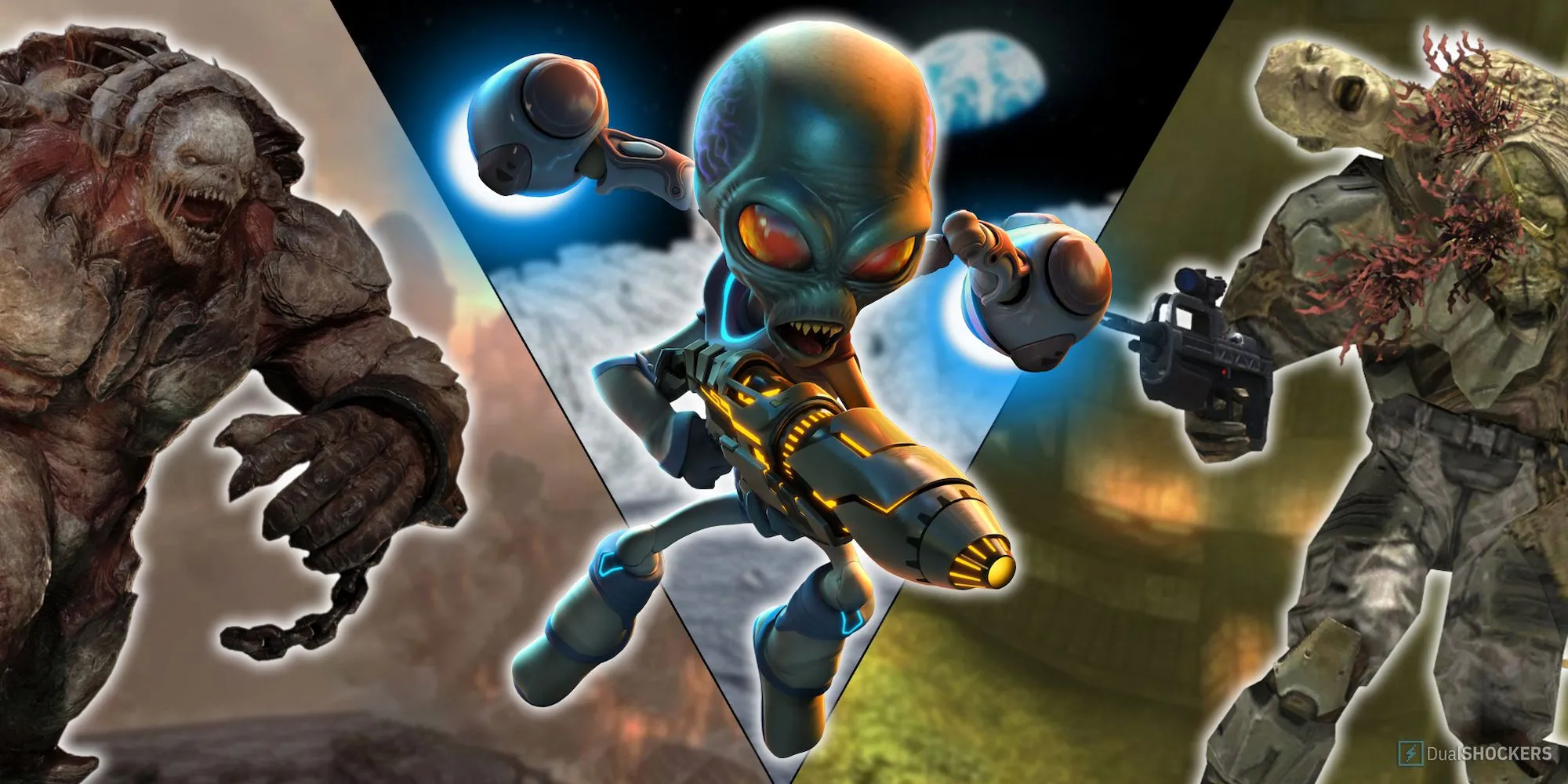 Ảnh ghép các loài sinh vật ngoài hành tinh nổi bật trong video game, bao gồm Flood, Locust, và Crypto, so với AI đáng sợ của Xenomorph trong Alien: Isolation.