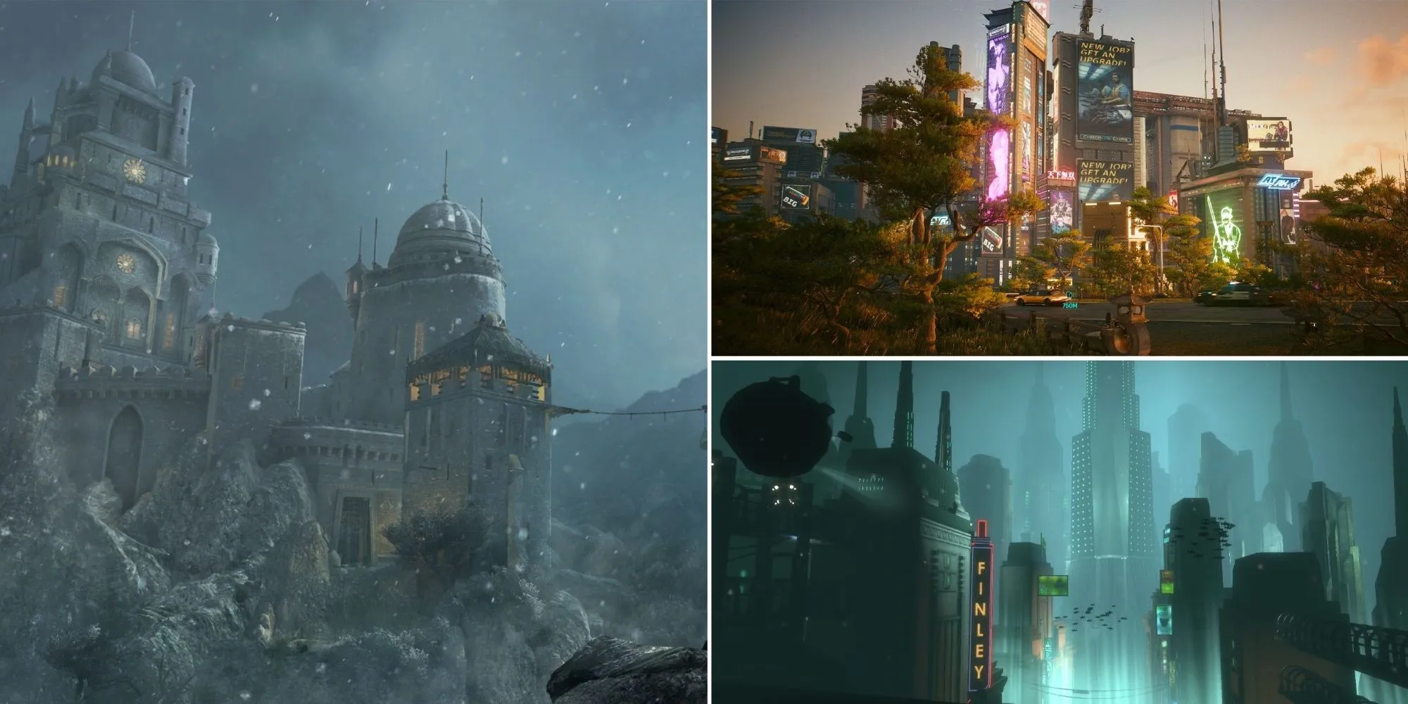 Ảnh ghép các thành phố game biểu tượng: Constantinople (AC Revelations), Night City (Cyberpunk 2077) và Rapture (BioShock)
