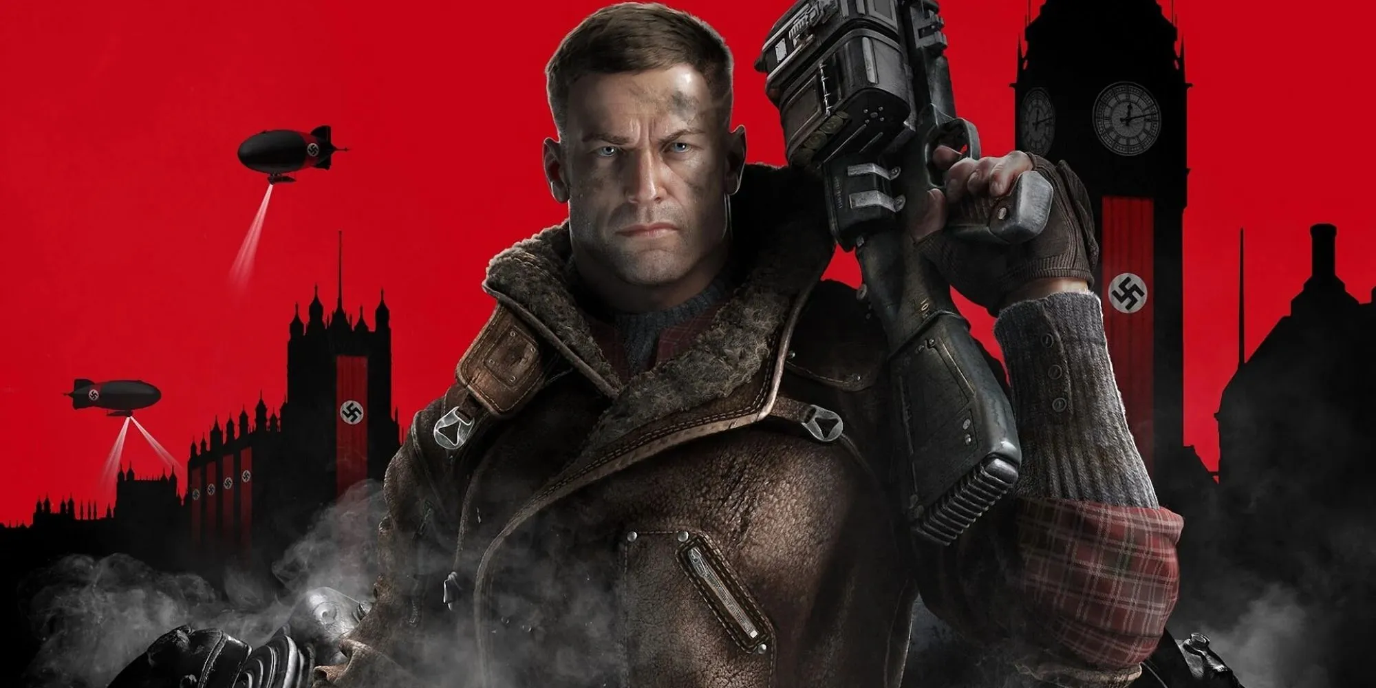 Ảnh nhân vật chính BJ Blazkowicz trong Wolfenstein 2: The New Colossus, với vẻ mặt quyết tâm và cầm vũ khí.